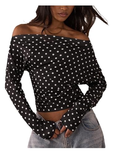 WDIRARA Women's Polka Dots Off The Shoulder Tops Ruched Long