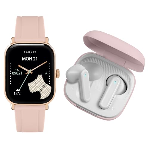 Image of RADLEY Series 56 Pink Silicone Strap Smart Watch with True Wireless Earphones
