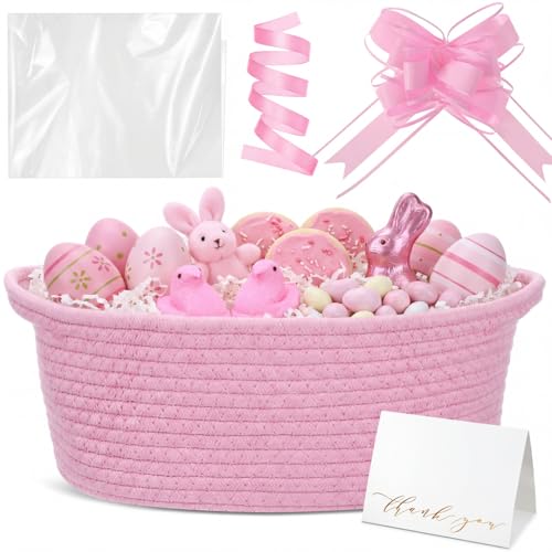 Image of Colingmill Woven Basket with Gift Bags and 2 Ribbons, Raffia Grass Paper Shred Filler, Gift Card, Empty Small Rope Basket for Storage Presents Toy Organizer(Pink,12 * 8 Inch)