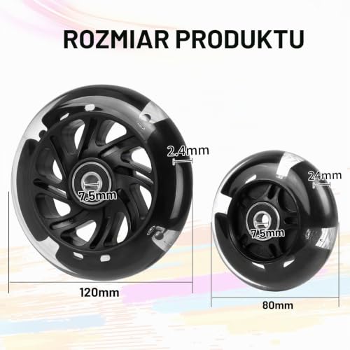 DBREAKS Świecące kółka do hulajnogi wyczynowej, 4 sztuki rolek LED, 80 mm + 120 mm, koła zapasowe LED do hulajnogi z ABEC, 9 łożysk kulkowych, stopień twardości 88A, odpowiednie do wszystkich rodzajów