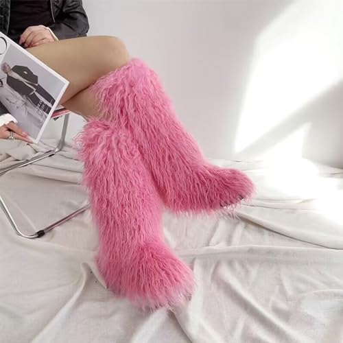 Image of Valpeak Faux Fur Tall Furry Boots for Womens,Long Winter Boots for Girls,Mongolian Fluffy Boots for Kids Fuzzy Knee-High Boots