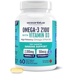 Oceanblue Professional Omega-3 2100 with Vitamin D3-60 Softgels | Burpless Wild Caught Fish Oil, Orange Flavor, Triple Strength DPA EPA DHA Omega 3 Supplement (30 Servings)