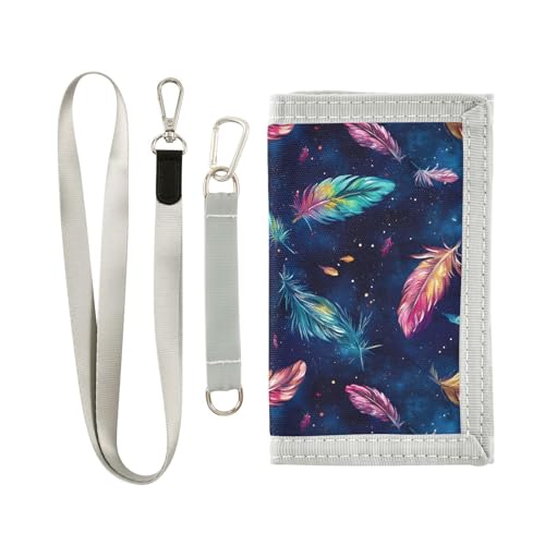 FOLIOSA Kids Wallet for Boys Girls Boho Feathers Print Youth Wallet with Zipper Pocket Card Holders, Novelty Wallet 4.9×2.9 in