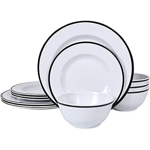 Dishwasher Safe Melamine Dinnerware Sets- 12Pcs Plates And Bowls Sets For Casual Dining Indoor And Outdoor Dining Party Camping, BPA-Free&Unbreakable Tableware Sets Service for 4 Cover
