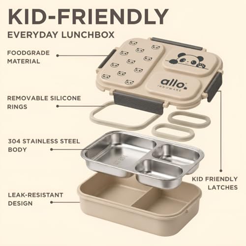 Image of Allo Bento Stainless Steel Lunch Box for Kids- BIS Approved, 304 Stainless Steel 3 Compartment Leakproof Tiffin Box for Boys and Girls for School, Travelling, Baby Snacks, 740ml Beige Panda