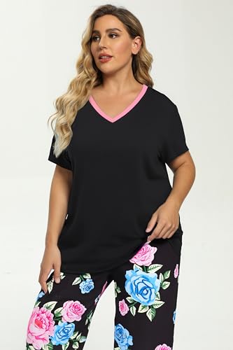 Image of Vozanet Women's Pajamas Set Soft V Neck Sleepwear Top and Capri Pj Lounge Sets Cartoon Heart Shape Cat Nighty Plus Size
