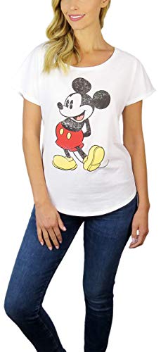 Disney Womens Mickey Mouse Stand Scoop Neck Doleman Tee (White, Small)