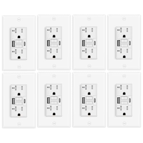 8 Pack 20A GFCI Outlet with USB A&amp;C Ports, Self-Test TR White