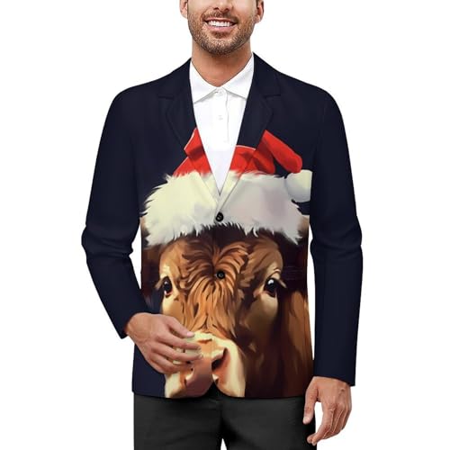 Merry Christmas Cow Men's Casual Blazers Slim Fit Sport Coats Blazer Two Buttons Suit Jacket for Work Party