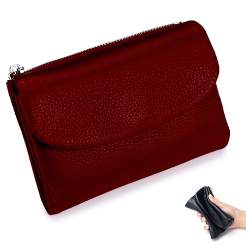 Unisex Pebble Leather Wallet, 5.3In Short Genuine Leather Purse for Coins and Cards, Multicolor Clutch for Women, Full Grain Leather Coin Purse with Credit Card Holder & Coin Holder(Color:Deep Red)