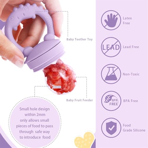 Image of Silicone Baby Fruit Feeder & Breastmilk Popsicle Molds Freezer Tray with Lid, 2 Pack Baby Food Feeder to Teething Relief, Introduce New Foods, Self Feeding, Includes 6 Food Pacifiers (Purple+Pink)