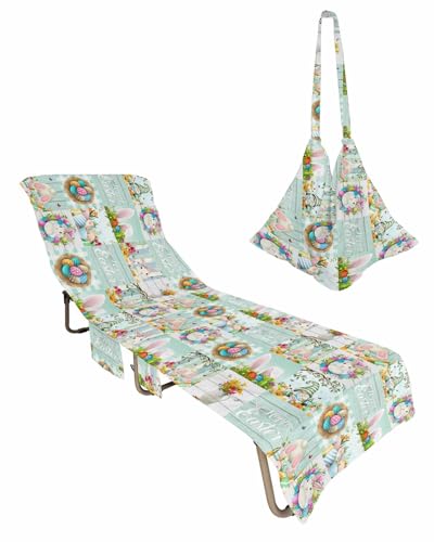 Spring Easter Beach Lounge Chair Towel Cover, Soft Chaise Lounge Towel with Side Pockets Patio Pool Chairs Cover for Beach/Pool Sunbathing 29x85 Bunny Floral Botanical Colorful Eggs Plaid