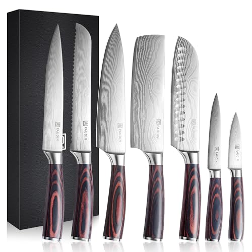 PAUDIN Knife Set, 7-Piece Kitchen Knives Set with High Carbon Stainless Steel, Professional Japanese Knife Set with Pakkawood Handle, Kitchen Knives with Gift Box