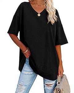 Ebifin Damen Oversize T Shirt mit V-Ausschnitt Kurzärmeliges Casual Lockere Basic Sommer Tee Shirts Bluse.Schwarz.XL