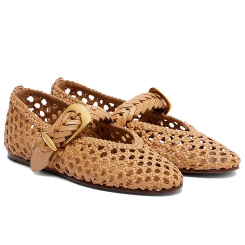 Women's Braided Leather Ballet Flats Cut Out Boho Mary Jane Pumps with Adjustable Buckle Strap Round Toe Casual Work Shoes for Wedding Party Office