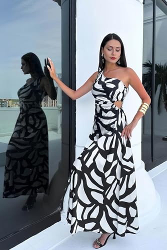 Image of One Shoulder Dress for Women 2026 Summer Print Sleeveless Cut Out Ruched Party Bodycon Maxi Dresses