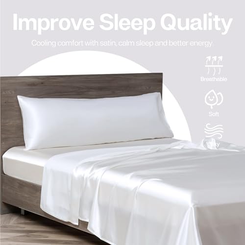 Image of MR&HM Satin Body Pillow Cover, Soft and Breathable Body Pillow Case with Envelope Closure, Cooling and Silky Long Pillowcase for Hair and Skin,Grey (20x54, White)