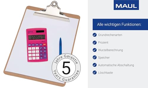 MAUL Taschenrechner M8 | Rechner mit großem 8-stelligem Display | Standardfunktionen für Büro, Zuhause und Schule | Funktionstasten farbig | Solarrechner mit Batterienutzung bei Dunkelheit | Pink