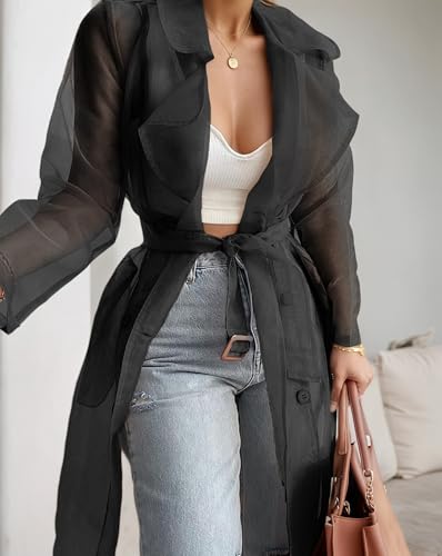 Womens Sheer Organza Lapel Button Cardigan Long Sleeve Belt Open Front Cover Up Solid Jacket Fashion Outwears2