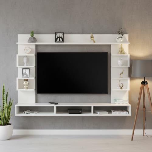 Image of FURNEASER Steven Wall Mount TV Unit for Living Room Wooden Entertainment Center with Storage Shelves Modern TV Panel Stand Showcase for up to 43 Inch Media Console Cabinet White