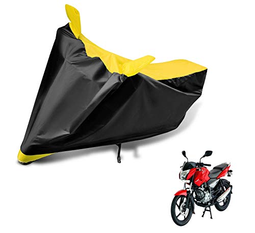 Image of Auto Hub Bike Cover Compatible with Bajaj Pulsar 135 LS with Mirror Pocket, Dustproof, Heat Resistant, Triple Stitched, Pulsar 135 Bike Cover- Black, Yellow