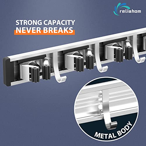 Image of reliahom Broom Holder Wall Mount Mop Hanger Tools organizer 5Racks4Hooks,2P | Adjustable Mop Broom Wall Hanging Heavy Duty Tools Storage Rack Space-saving for Garage,Kitchen,Laundry Room,Garden, Black
