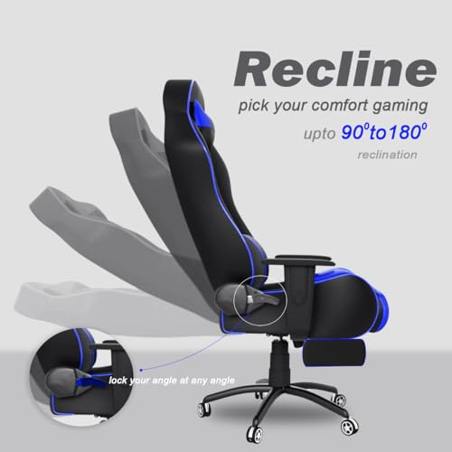 Image of ASE GAMING Gold Series Ergonomic Gaming Chair with Footrest Premium PU Leather, Adjustable Neck & Lumbar Pillow, 180 Degree Recline with Black Metal Base with 3 Years Warranty (Blue)