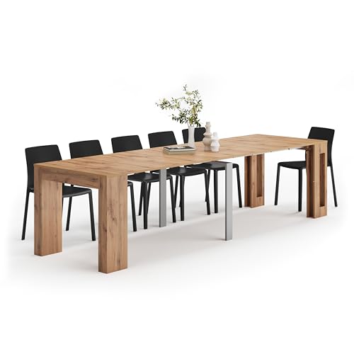 MOBILI FIVER, Mesa Consola Extensible Easy, con Porta Extensiones, 45(305) x 90 cm, Color Madera rústica, para 12 Personas, Mesa Consola Extensible Comedor, Consola recibidor, Made In Italy