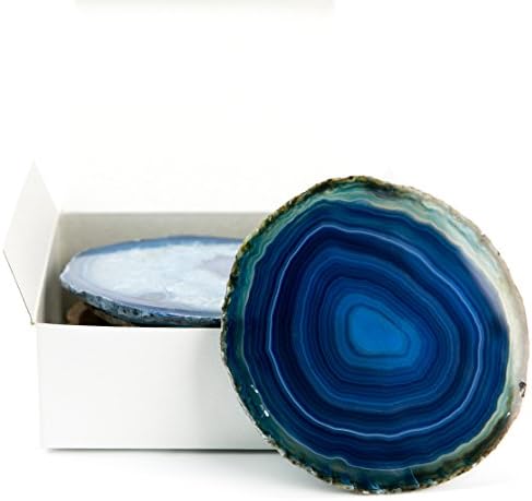 LARGE BLUE AGATE COASTERS Set of 6 Sliced Thick with Felt Bumper (4.25"-5")