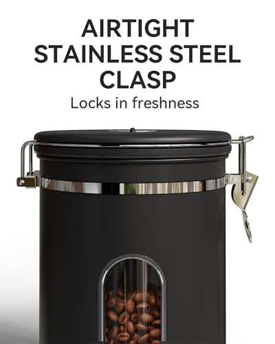 Image of Veken Large Coffee Canister with Window, Rice Kitchen Food Storage Airtight Stainless Steel Container with Lids, Date Tracker and Scoop, Grounds, Beans, Tea, Flour, Cereal, Sugar Jars, 38oz, Black