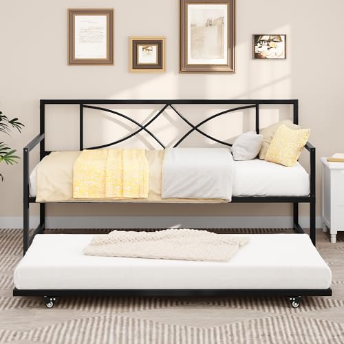DWVO Twin Daybed Frame with Trundle, Metal Sofa Bed with Adjustable Height, Twin Size Mattress Foundation with Steel Slat Support for Guest Room Living Room - Black