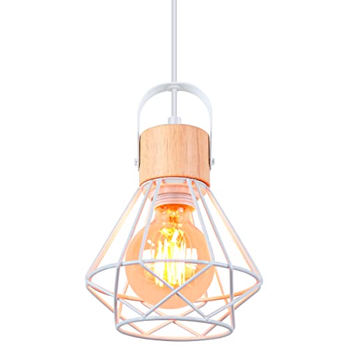 iDEGU Suspension Luminaire Industrielle, 16CM Vintage Lustre Suspension en Fer et Bois Rétro Cage Design Blanc E27 Lampe de Plafond pour Salon Chambre Cuisine Salle à Manger (1 Pack)