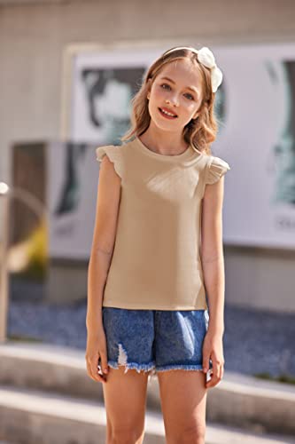 Flypigs Girls Casual Round Neck Blouse Tops Ruffles Solid Sleeveless Summer Casual Ribbed Knit Tanks Blouses Beige 11-12 Years #TOP1