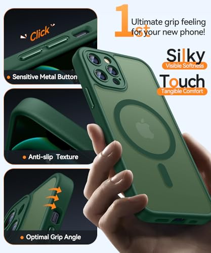 Image of CANSHN Magnetic Compatible with iPhone 12 Pro Case, Upgraded [Full Camera Protection] [Compatible with Magsafe] [Translucent Matte] Shockproof Protective Phone Cover 6.1 Inch - Deep Green