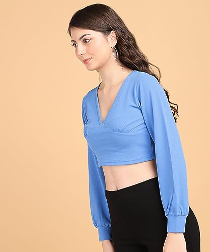 Image of POPWINGS Women Casual Self Design Rust Deep V Neck Full Sleeve Crop Top | Women Tops | Women Regular Tops | Women Tops | Women Stylish Tops