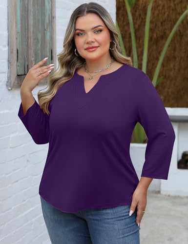 Romanstii Womens Plus Size Tops Casual 3/4 Sleeve V Neck T Shirt Loose Fit Tunic Blouse 1X-5X2