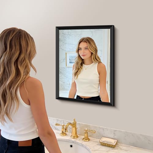 Image of DESBING 18x24 inch Black Bathroom Mirror,Bevelled Edge Black Mirror with Ribbed Texture-Modern Rectangle Bathroom Wall Mirror for Vanity, Tempered Glass,Hangs Horizontally or Vertically