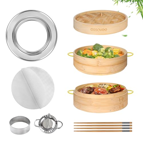 Bamboo Steamer 2 Tier 10-Inch Steaming Basket With Handle, Bun Vegetable Steam, Dumpling Steamer Bamboo Steam Basket, Chopsticks, Reusable Silicone Liner, Ring Adapter, For Chinese Asian Cuisine