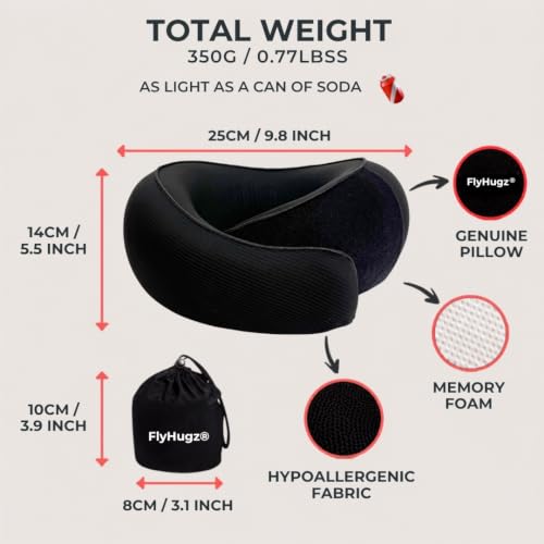 Image of FlyHugz Neck Travel Pillow Memory Foam Neck Pillow for Comfort on Airplane Compact and Ergonomic Design for Travel, Car Rides, and Home Use Ideal for Adults and Kids. (Midnight Black)