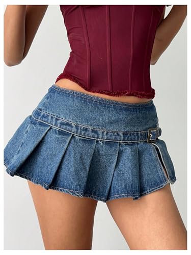 WDIRARA Women's Low Rise Pleated Mini Denim Skirt Y2k Buckle Jean Skirt2