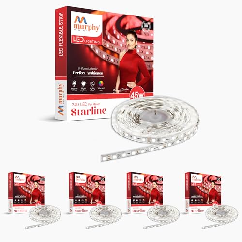 Image of Murphy 45W LED Strip Light 2835 High Lumen 5 Metre (240 LEDs /Mtr) Cool White - 12V DC 10A Driver Included | Cove /False Ceiling /Decor Light (Pack of 5, 1-Year Warranty)