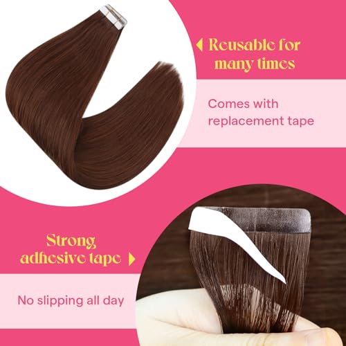 Image of Ve Sunny Hair Tape in Hair Extensions Warm Mahogany | Real Human Hair Tape Extensions,for Party,Smooth Soft,14Inch 50g 20Pcs