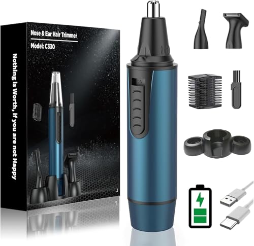 Rasoio per peli del naso da uomo, 3 in 1, per rimuovere peli del naso e per le orecchie, ricaricabile tramite USB, con doppia lama, per uomini e donne, impermeabile, IPX7, facile da pulire