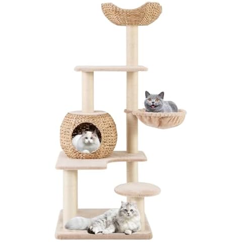 PETSITE 59 inch Cattail Cat Tree Tower, Multi-Level Cat Tower with Natural Sisal Scratching Posts, Cat Condo, Cat Basket, Top Perch and Jumping Platforms, Modern Tall Cat Tree for Indoor Cats Cover