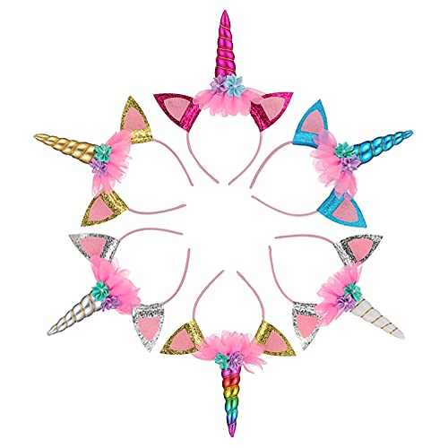 SUNOVELTIES 6 PACK Unicorn Horn Headband Ears Photo Props Birthday Outfit Cosplay Costume Party Supplies for Teens and Adults Gift (6 Multicolor)