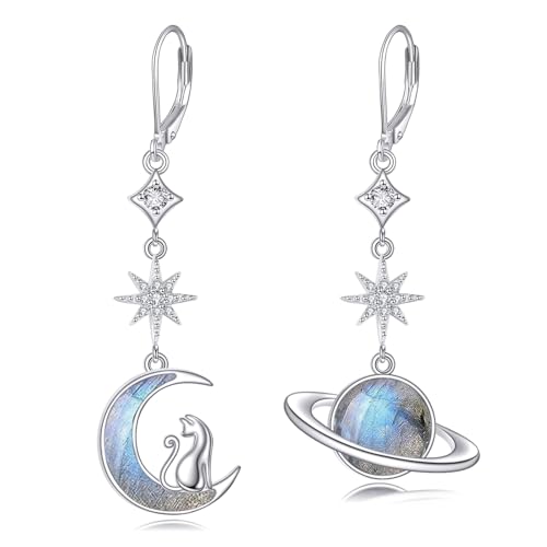 Boucles d'oreilles chat argent 925 anti-allergie avec labradorite