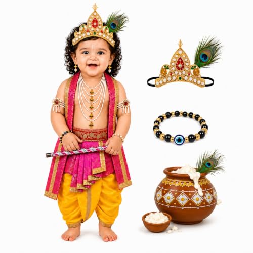 Image of Raj Fancy Dresses Luxury Krishna Pagri for Kids Boys & Girls | Bal Gopal Kanha Janmashtami Turban with 3 Mor Pankh & Pearl Work | Fancy Dress, School Function & Photoshoot Headgear | Only Pagri