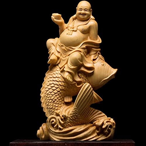 Zunibo Buddha Statue,Maitreya Statue,Laughing Buddha Sitting On The Fish Sculpture,Boxwood Buddha Statue For Home Office Decor #TOP1
