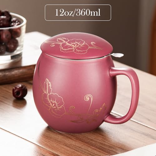 Image of Yundu 12 OZ Ceramic Mug with Lid & Tea Strainer - Matte Purple Tea Cup with Golden Flower, Stainless Steel Infuser for Loose Leaf Tea