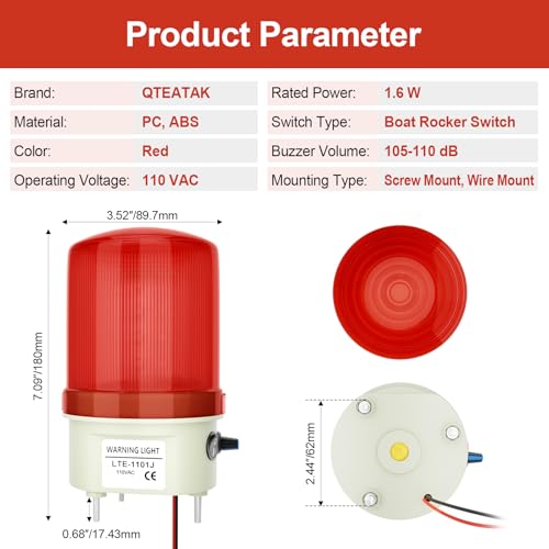 Image of Industrial LED Rotating Strobe Warning Light, 110 VAC Sound & Light Alarm with Knob and Switch, 105-110 dB Volume Adjustable, Red Emergency Alarm Light for Indoor /Outdoor Use